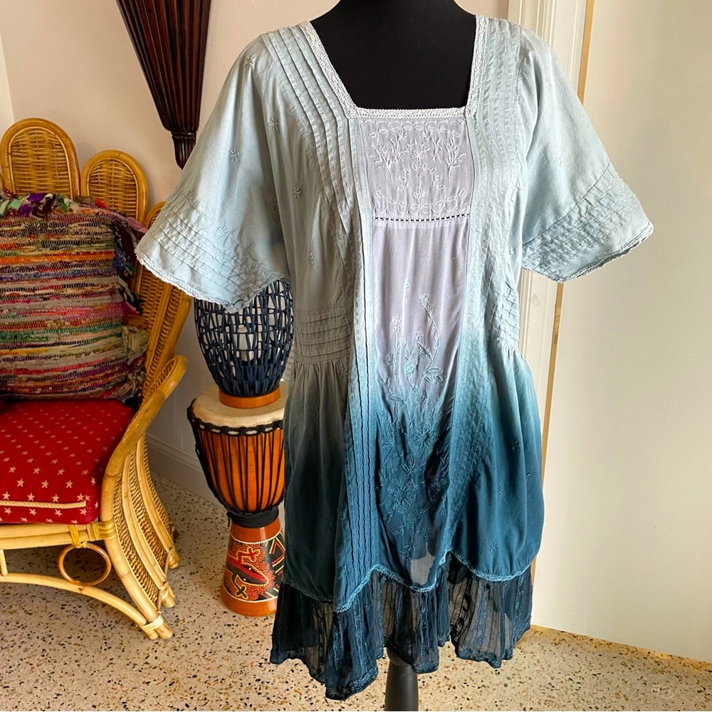 Anthropologie Holding Horses Blue Ombré Embroidered Cotton Dress! Med